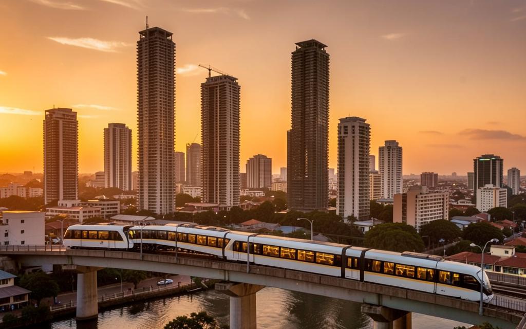 African city skyline at sunset with an elevated light rail